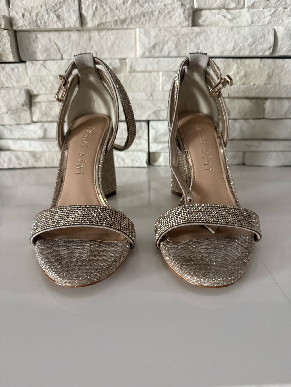 Gianni Bini Glittered Ankle-Strap Block Heels in Champagne Gold